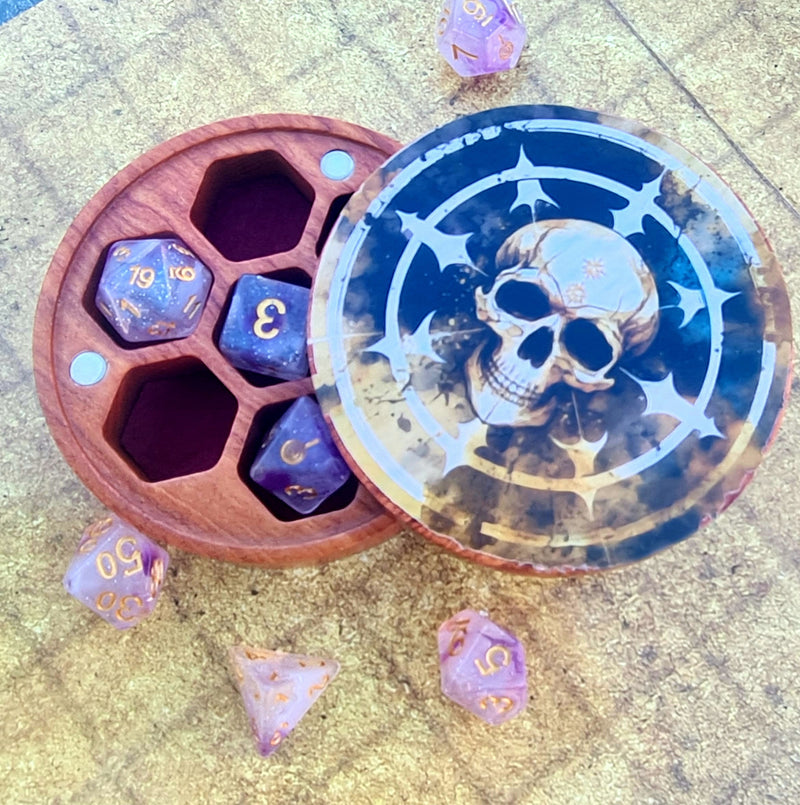 Hardwood Printed Compass Skull Dice Box
