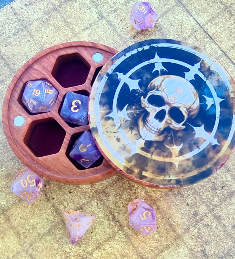 Hardwood Printed Compass Skull Dice Box
