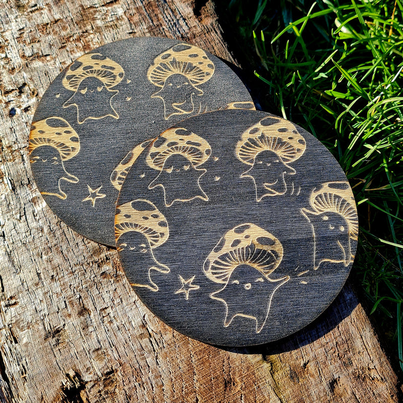 Happy Mushroom Black Set of 2 Coasters - CRITIT