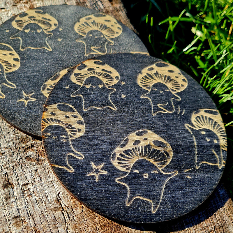 Happy Mushroom Black Set of 2 Coasters - CRITIT