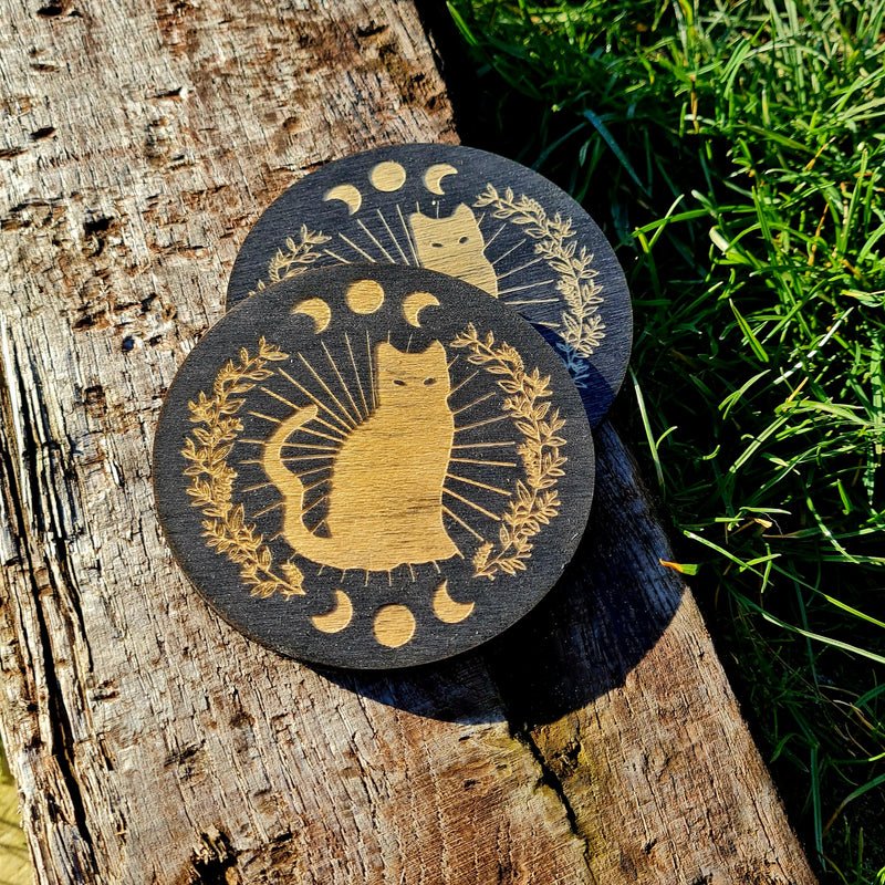 Black Cat Moon Black Set of 2 Coasters - CRITIT