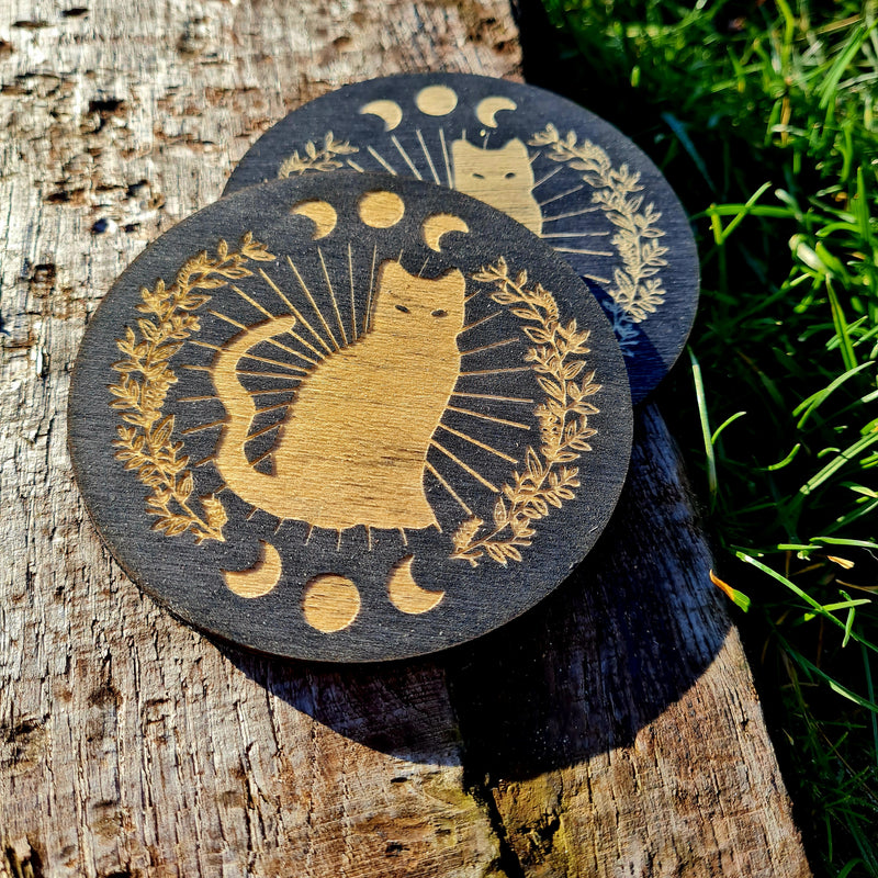Black Cat Moon Black Set of 2 Coasters - CRITIT