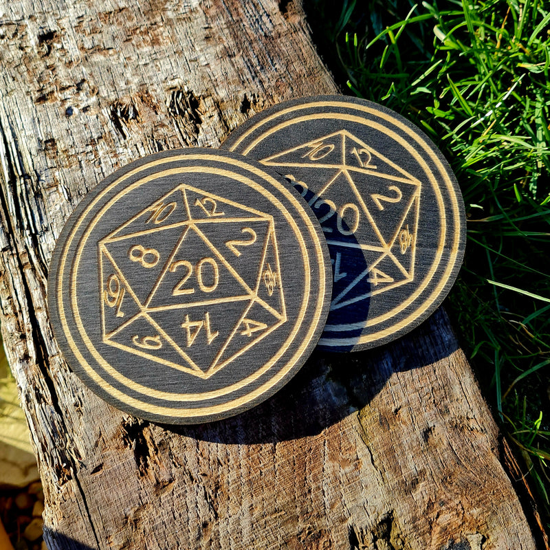 D20 Dice Black Set of 2 Coasters - CRITIT